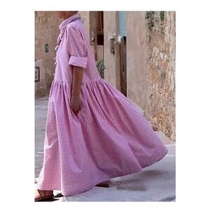 Retro Plaid Pink Button Down Maxi Shirt Dress Long Sleeve Gingham Swing Dress
